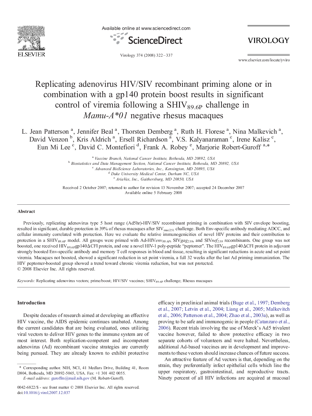 Replicating adenovirus HIV/SIV recombinant priming alone or in combination with a gp140 protein boost results in significant control of viremia following a SHIV89.6P challenge in Mamu-A⁎01 negative rhesus macaques