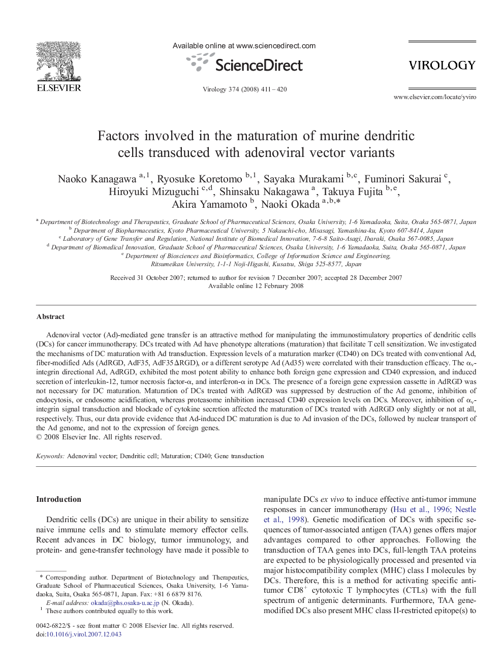 Factors involved in the maturation of murine dendritic cells transduced with adenoviral vector variants