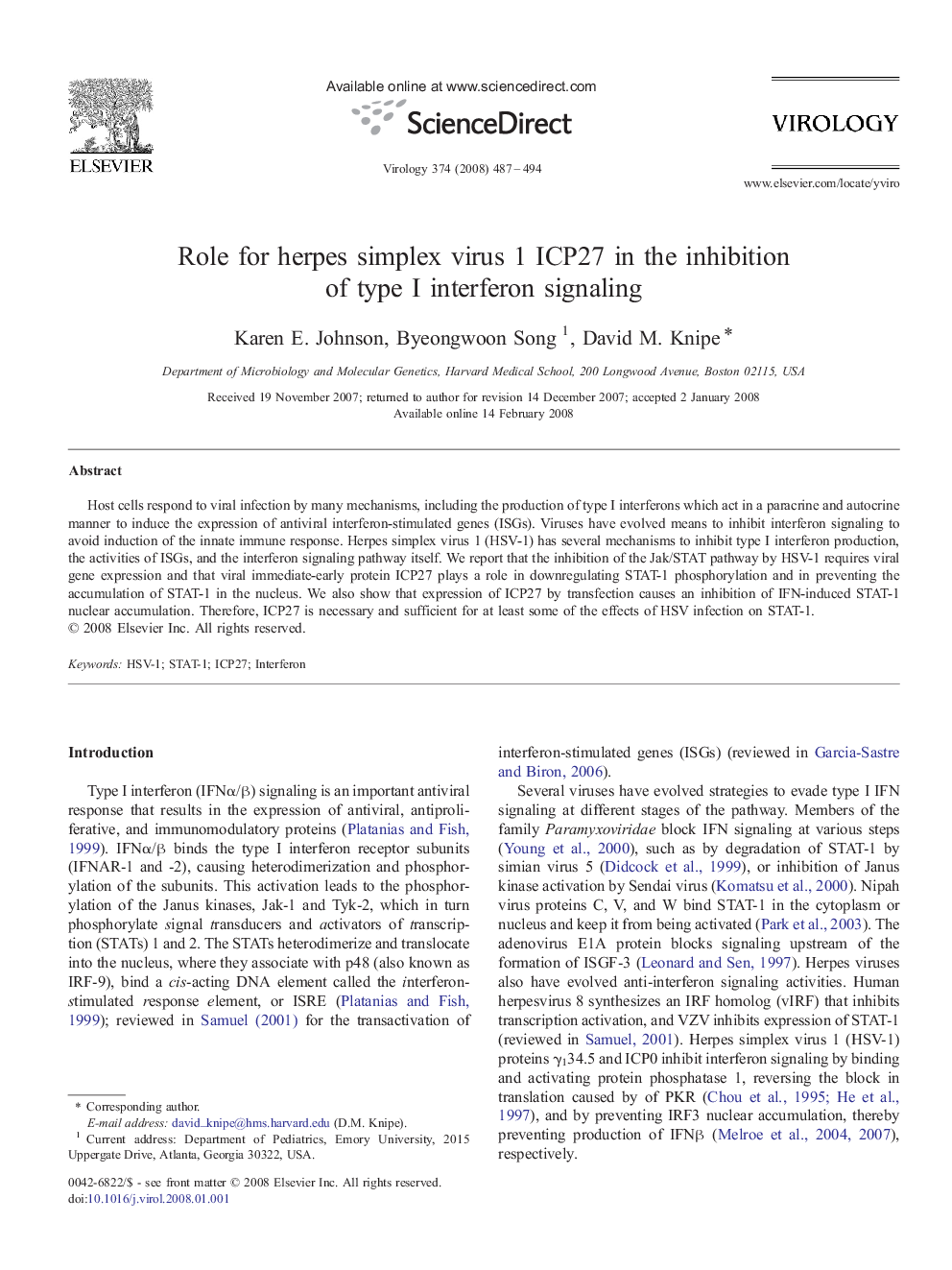 Role for herpes simplex virus 1 ICP27 in the inhibition of type I interferon signaling