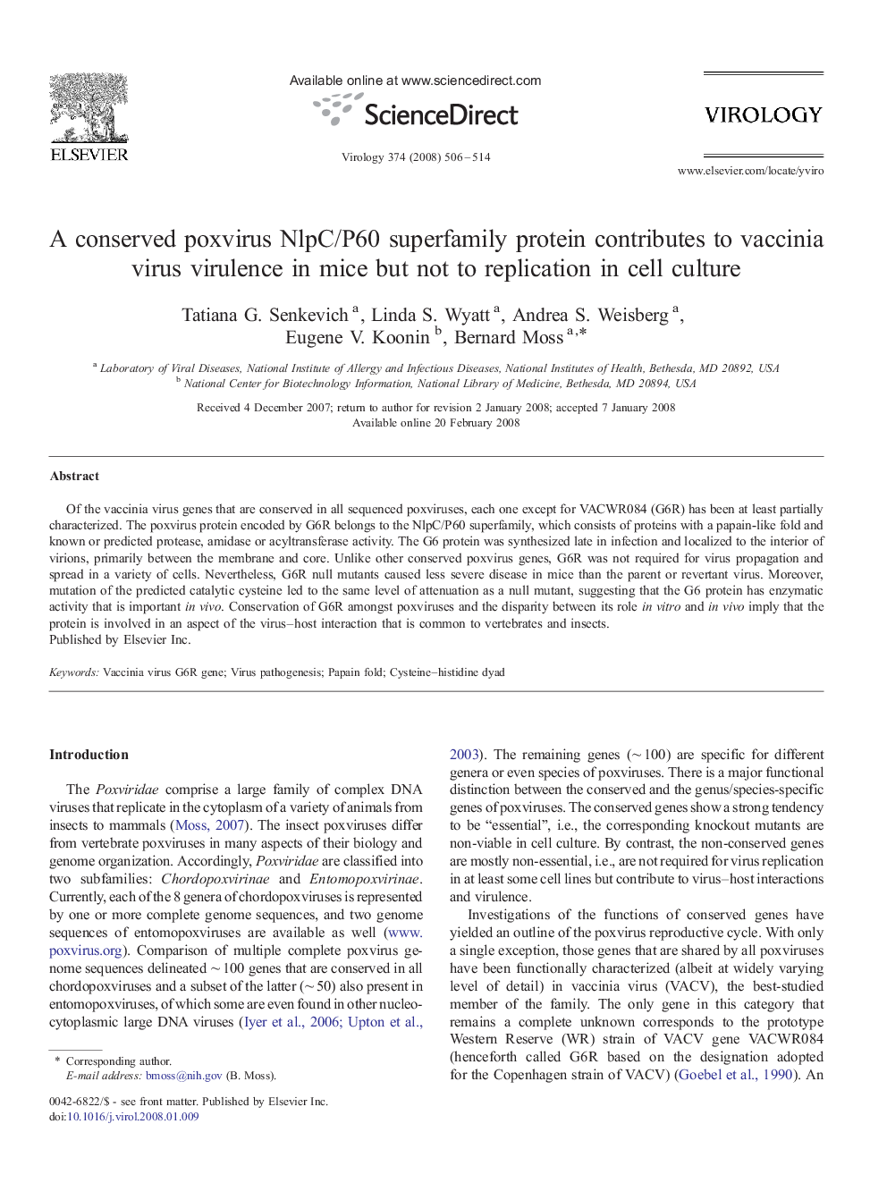 A conserved poxvirus NlpC/P60 superfamily protein contributes to vaccinia virus virulence in mice but not to replication in cell culture