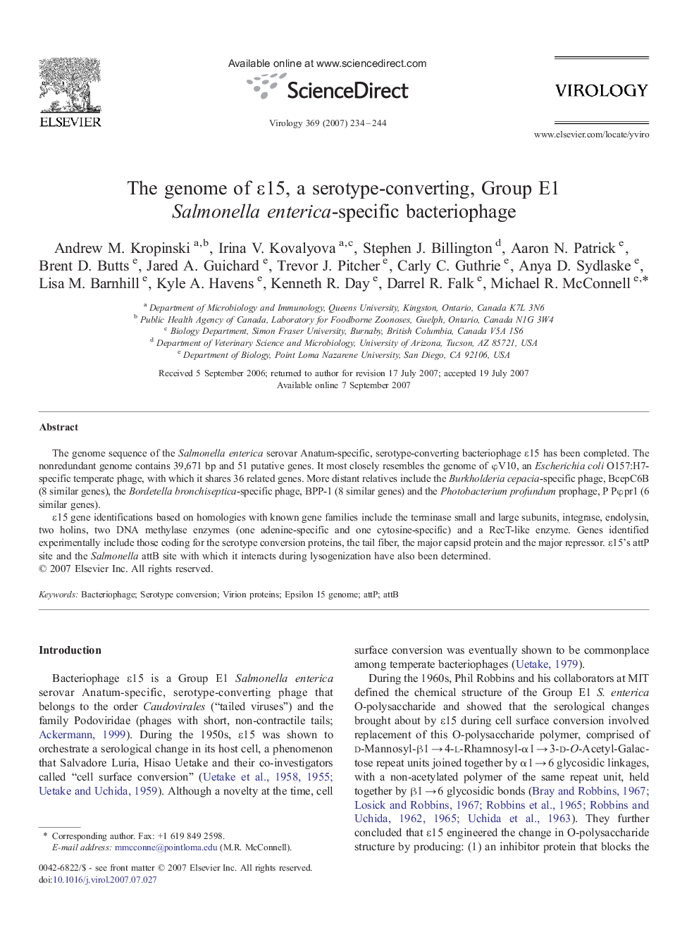 The genome of ε15, a serotype-converting, Group E1 Salmonella enterica-specific bacteriophage