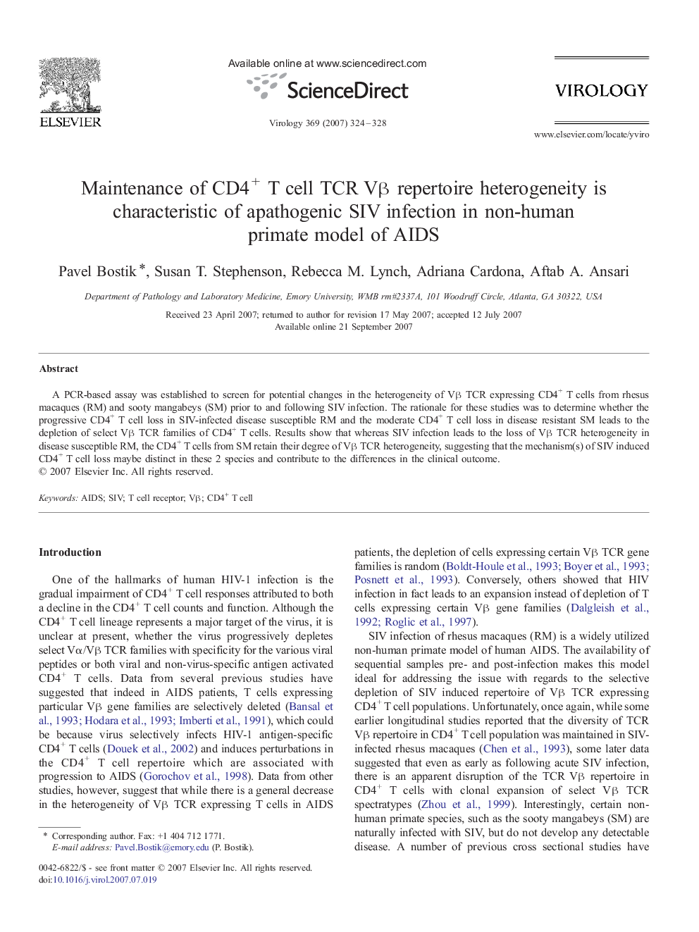 Maintenance of CD4+ T cell TCR Vβ repertoire heterogeneity is characteristic of apathogenic SIV infection in non-human primate model of AIDS