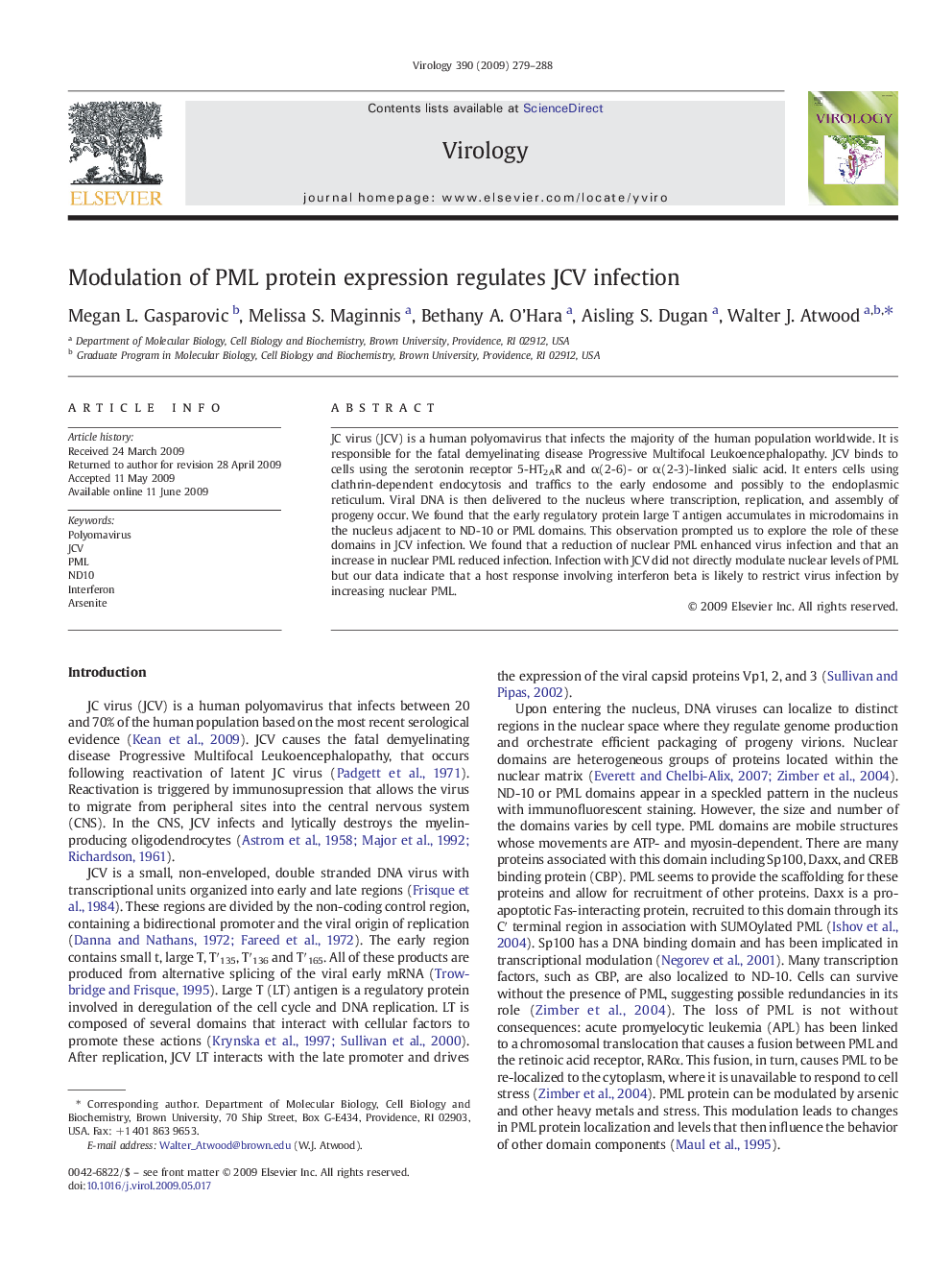 Modulation of PML protein expression regulates JCV infection