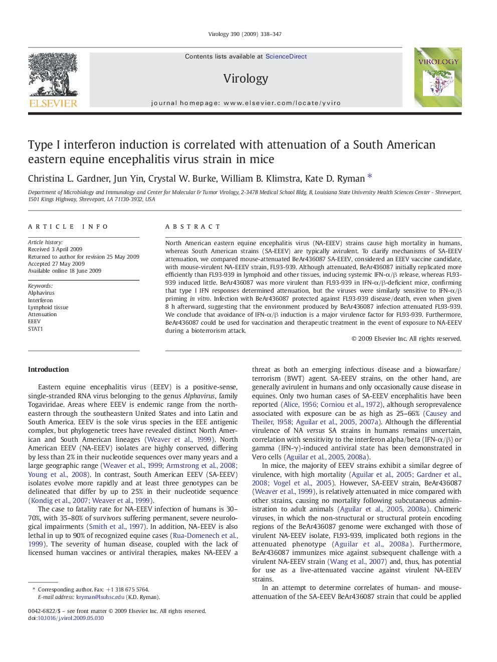 Type I interferon induction is correlated with attenuation of a South American eastern equine encephalitis virus strain in mice