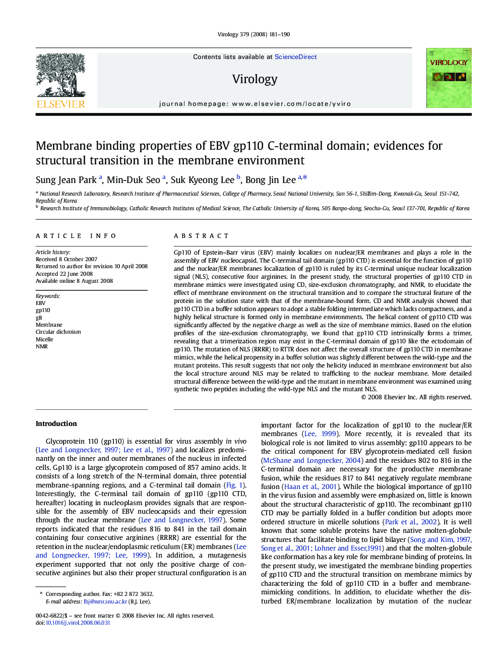 Membrane binding properties of EBV gp110 C-terminal domain; evidences for structural transition in the membrane environment