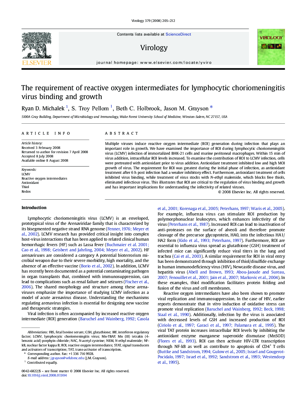 The requirement of reactive oxygen intermediates for lymphocytic choriomeningitis virus binding and growth