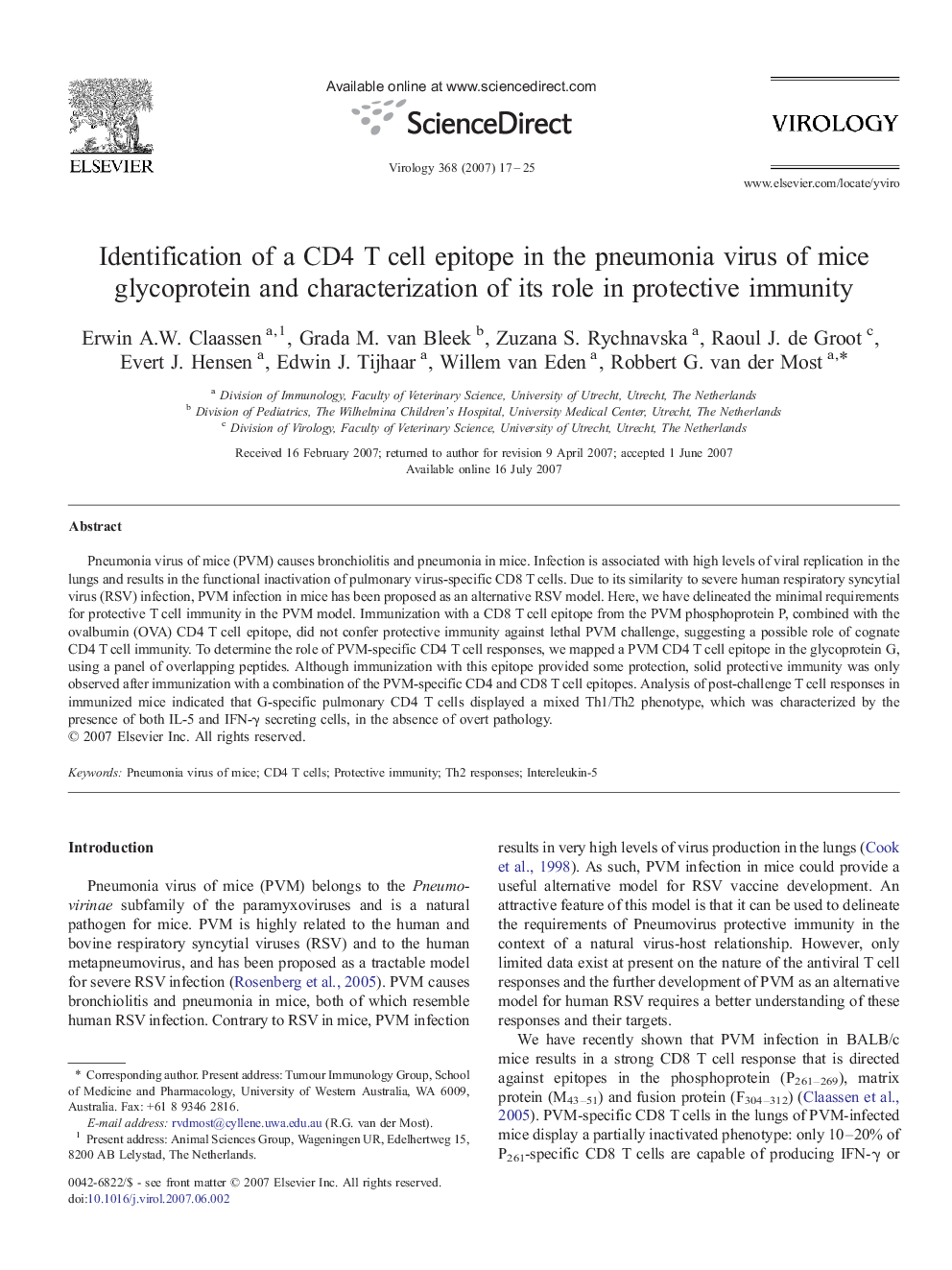 Identification of a CD4 T cell epitope in the pneumonia virus of mice glycoprotein and characterization of its role in protective immunity