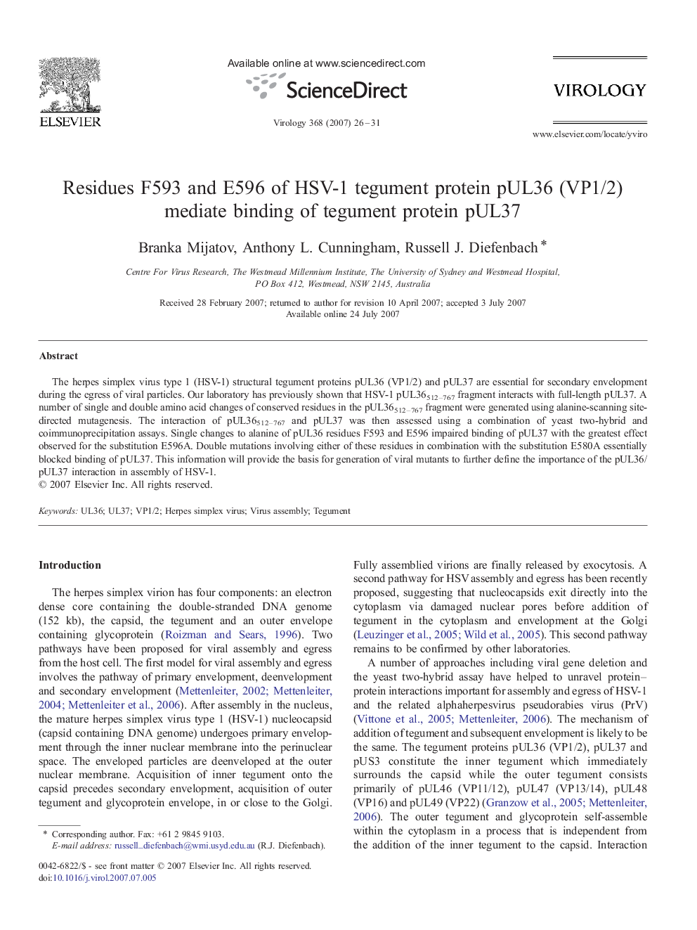 Residues F593 and E596 of HSV-1 tegument protein pUL36 (VP1/2) mediate binding of tegument protein pUL37