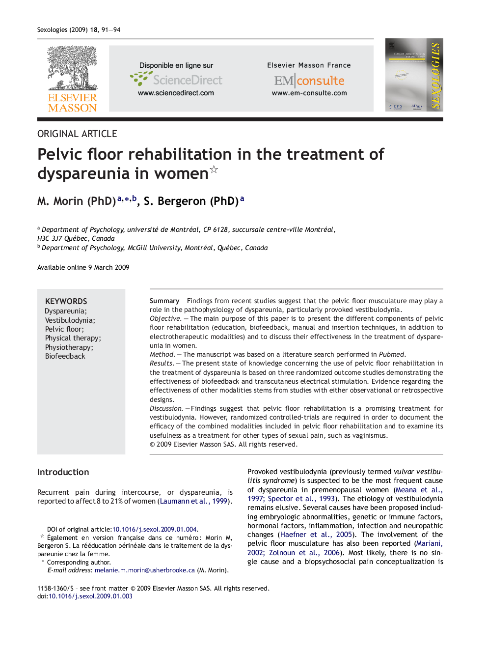 Pelvic floor rehabilitation in the treatment of dyspareunia in women 