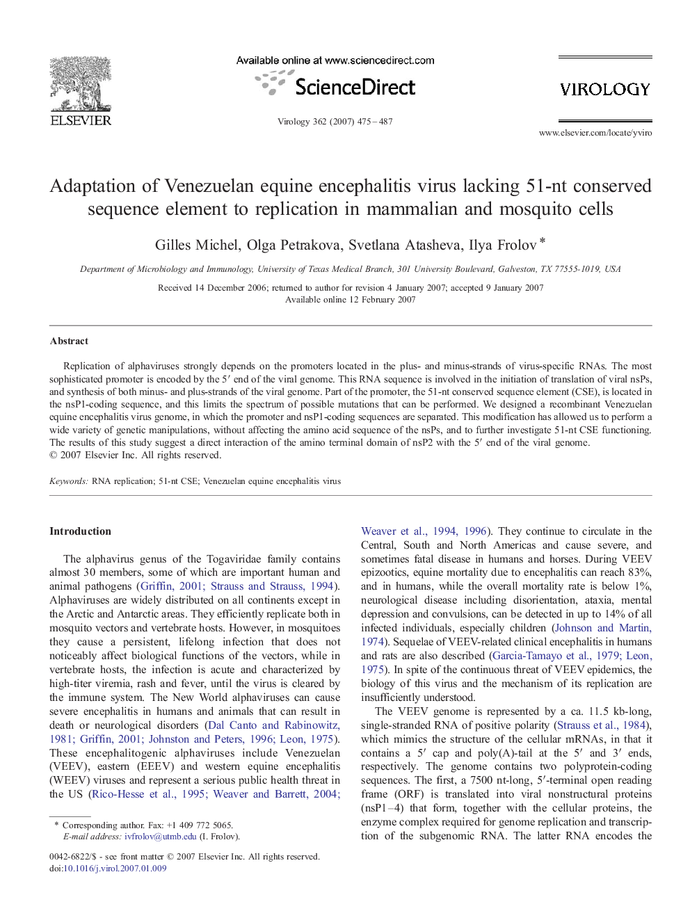 Adaptation of Venezuelan equine encephalitis virus lacking 51-nt conserved sequence element to replication in mammalian and mosquito cells