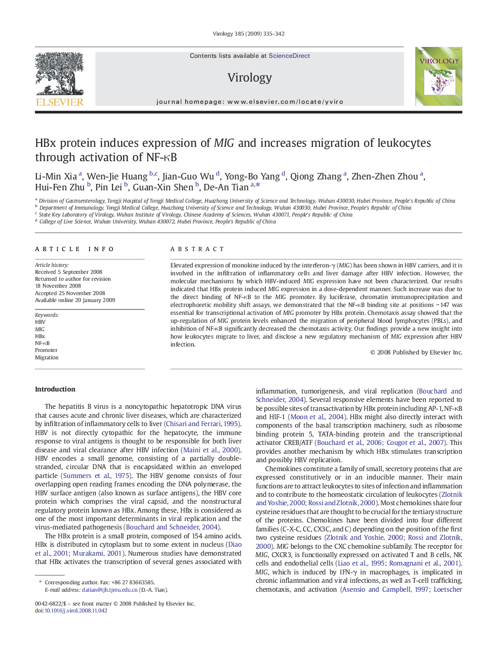 HBx protein induces expression of MIG and increases migration of leukocytes through activation of NF-κB