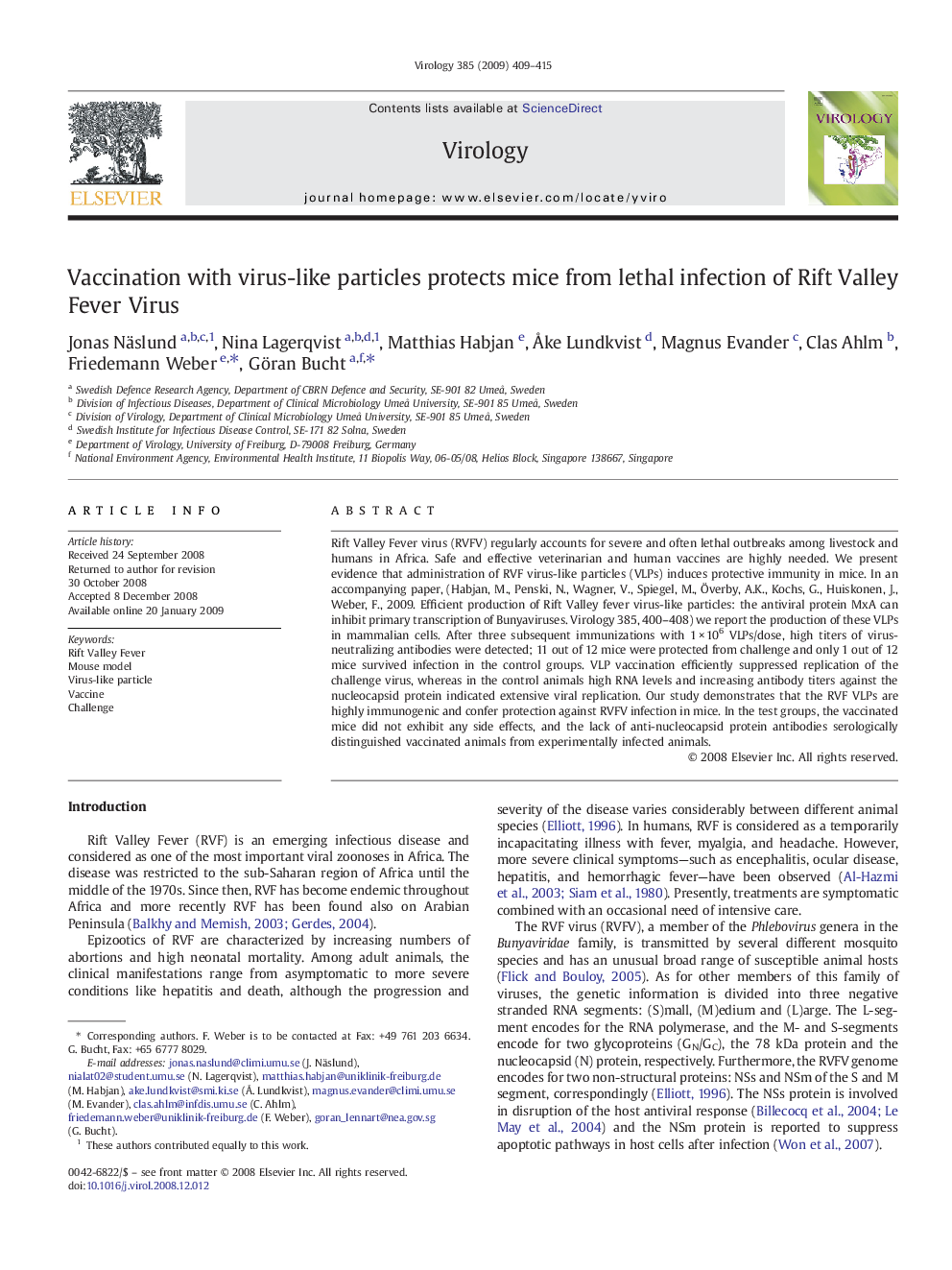 Vaccination with virus-like particles protects mice from lethal infection of Rift Valley Fever Virus