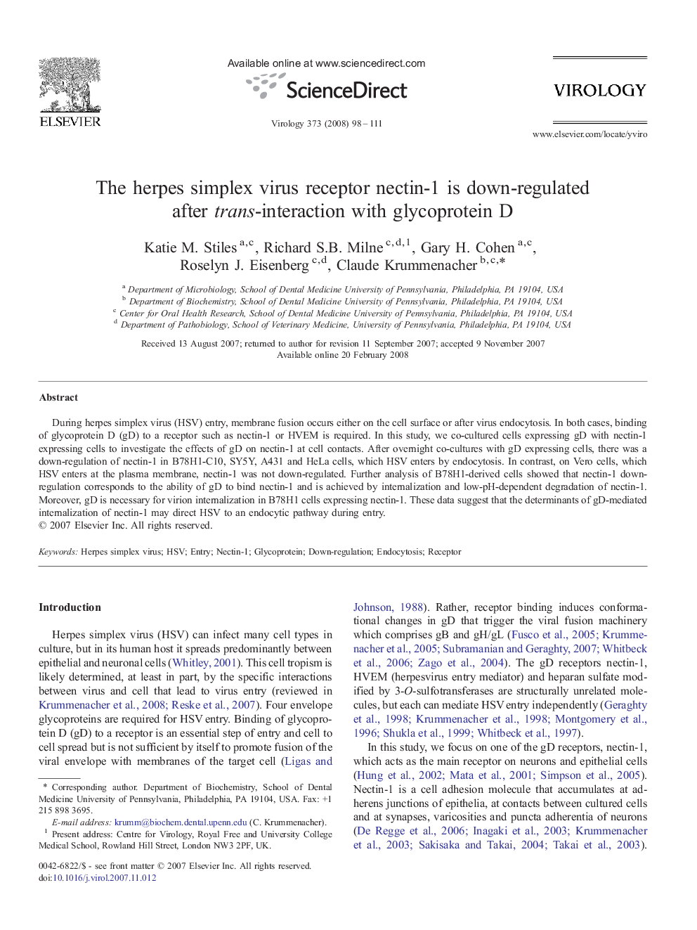 The herpes simplex virus receptor nectin-1 is down-regulated after trans-interaction with glycoprotein D