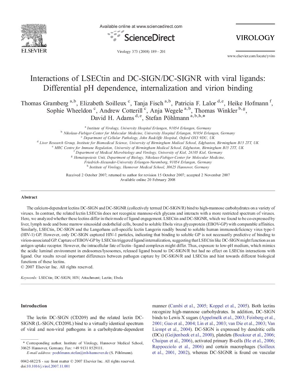 Interactions of LSECtin and DC-SIGN/DC-SIGNR with viral ligands: Differential pH dependence, internalization and virion binding