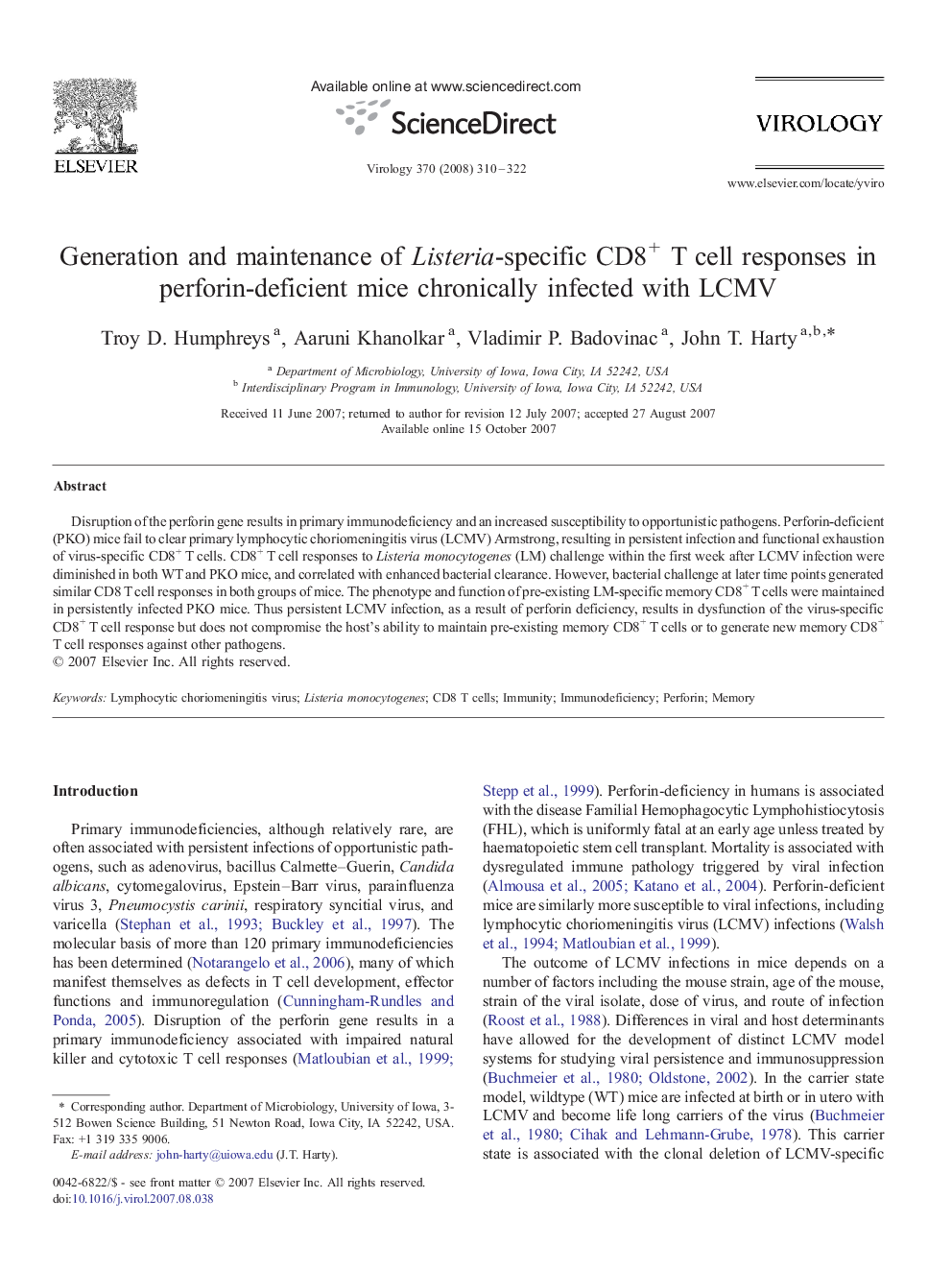 Generation and maintenance of Listeria-specific CD8+ T cell responses in perforin-deficient mice chronically infected with LCMV