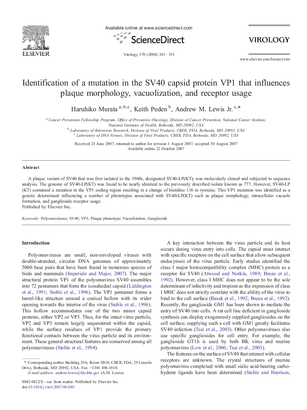 Identification of a mutation in the SV40 capsid protein VP1 that influences plaque morphology, vacuolization, and receptor usage