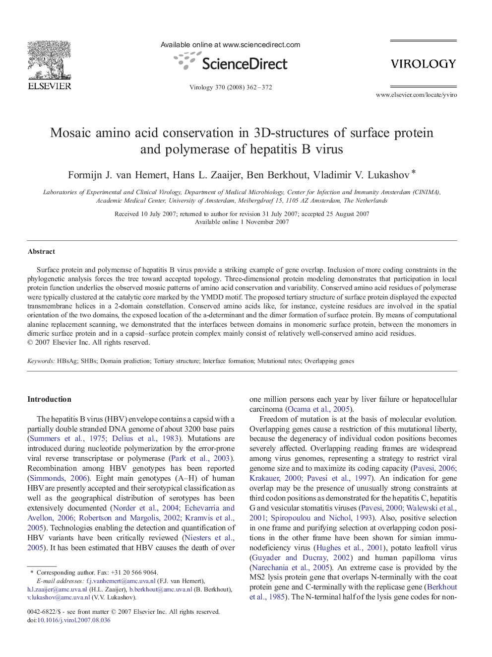 Mosaic amino acid conservation in 3D-structures of surface protein and polymerase of hepatitis B virus