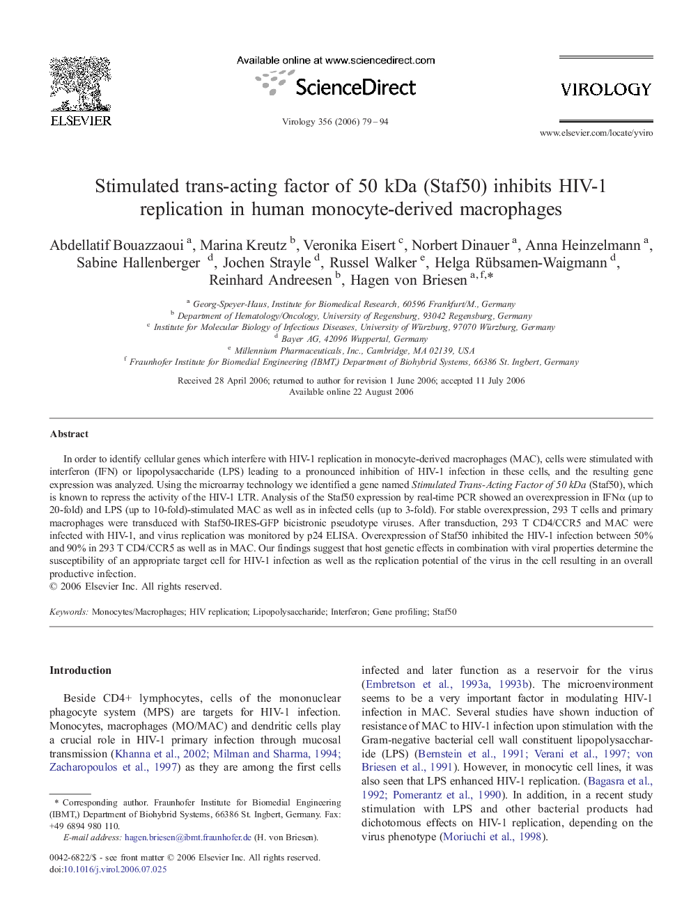 Stimulated trans-acting factor of 50 kDa (Staf50) inhibits HIV-1 replication in human monocyte-derived macrophages