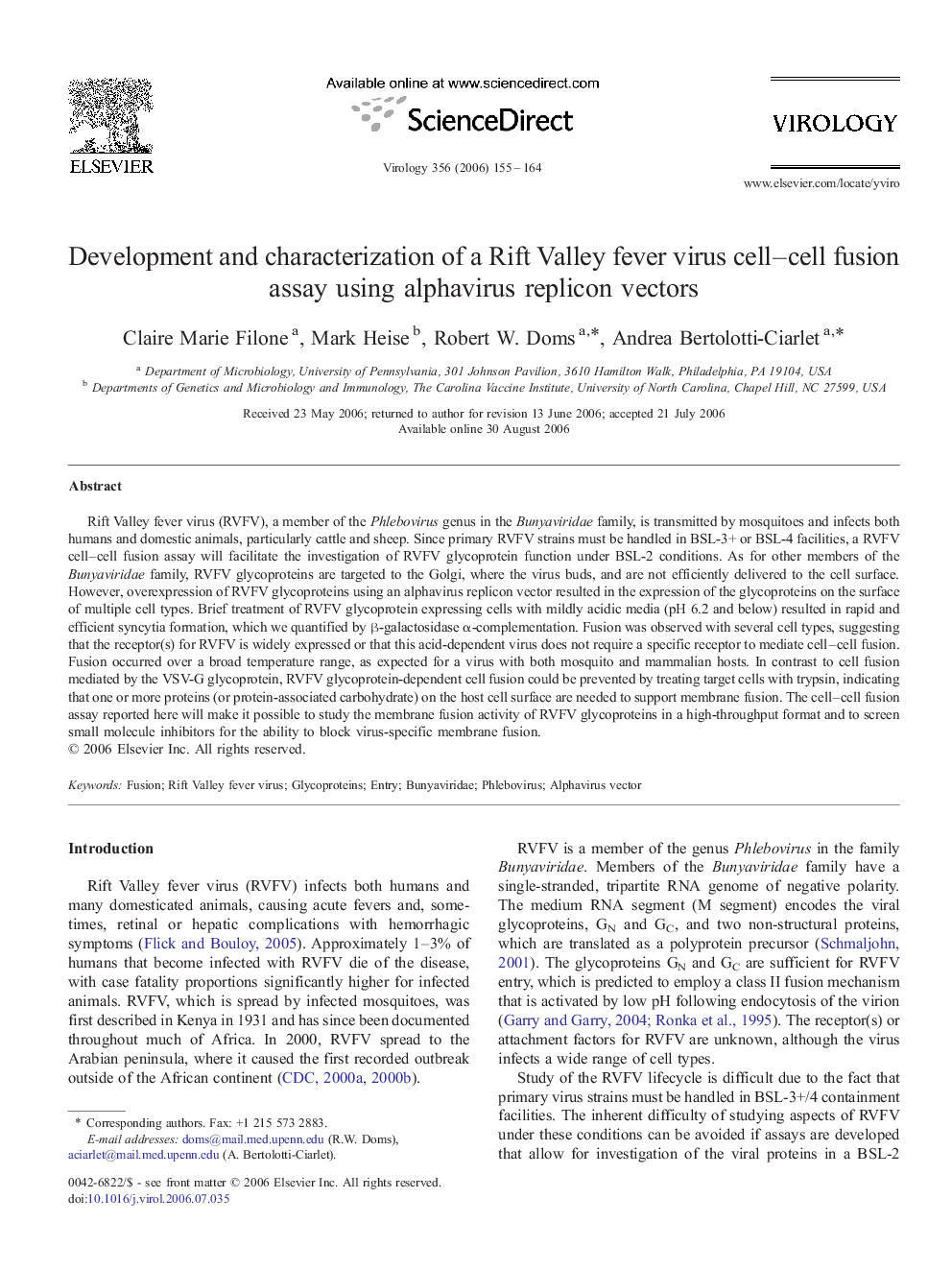 Development and characterization of a Rift Valley fever virus cell–cell fusion assay using alphavirus replicon vectors