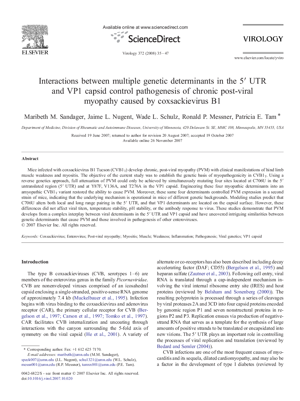 Interactions between multiple genetic determinants in the 5′ UTR and VP1 capsid control pathogenesis of chronic post-viral myopathy caused by coxsackievirus B1