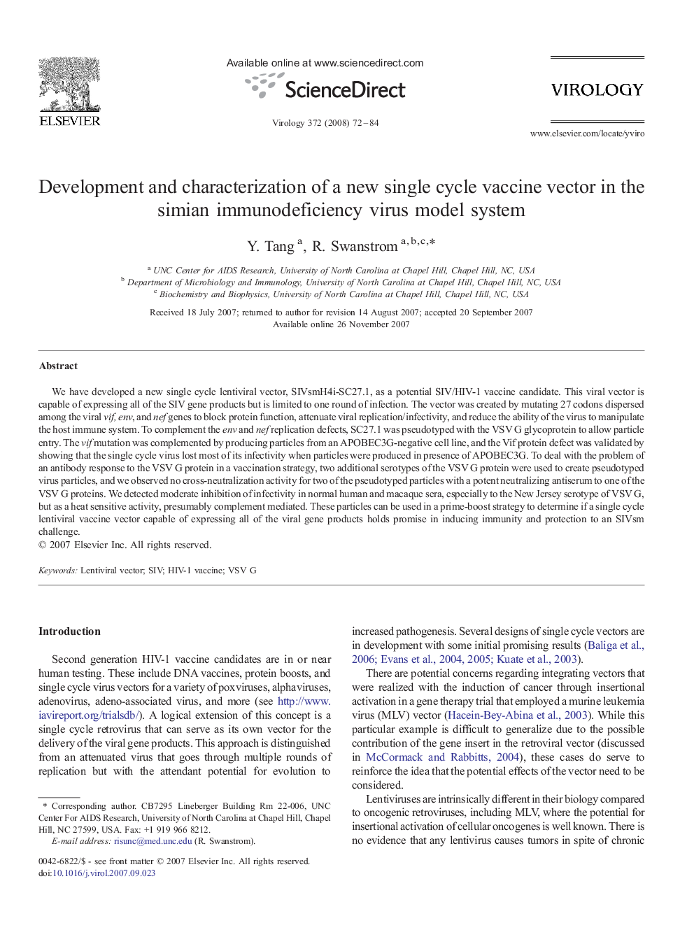 Development and characterization of a new single cycle vaccine vector in the simian immunodeficiency virus model system