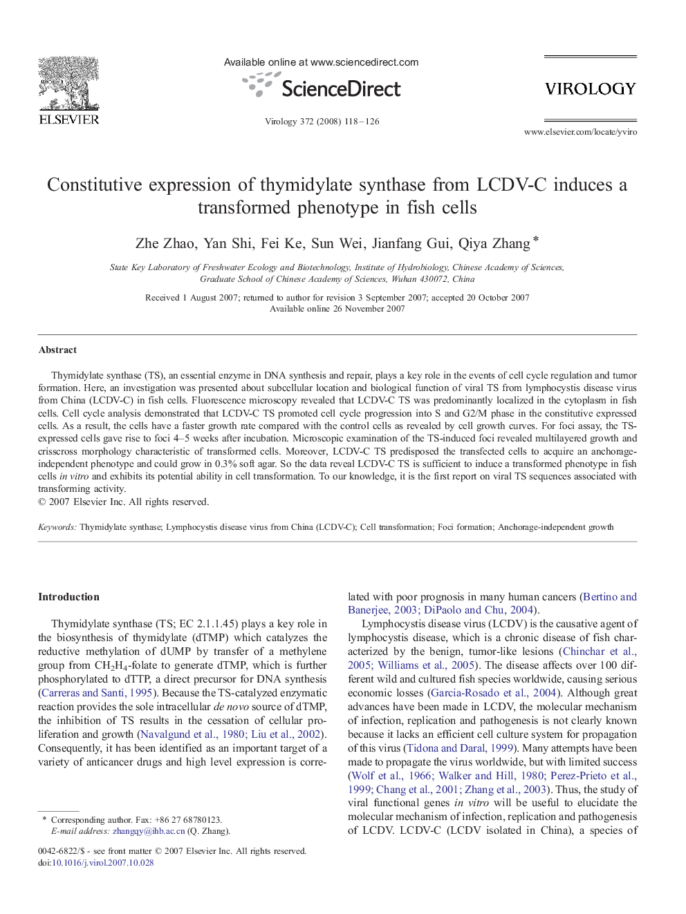 Constitutive expression of thymidylate synthase from LCDV-C induces a transformed phenotype in fish cells