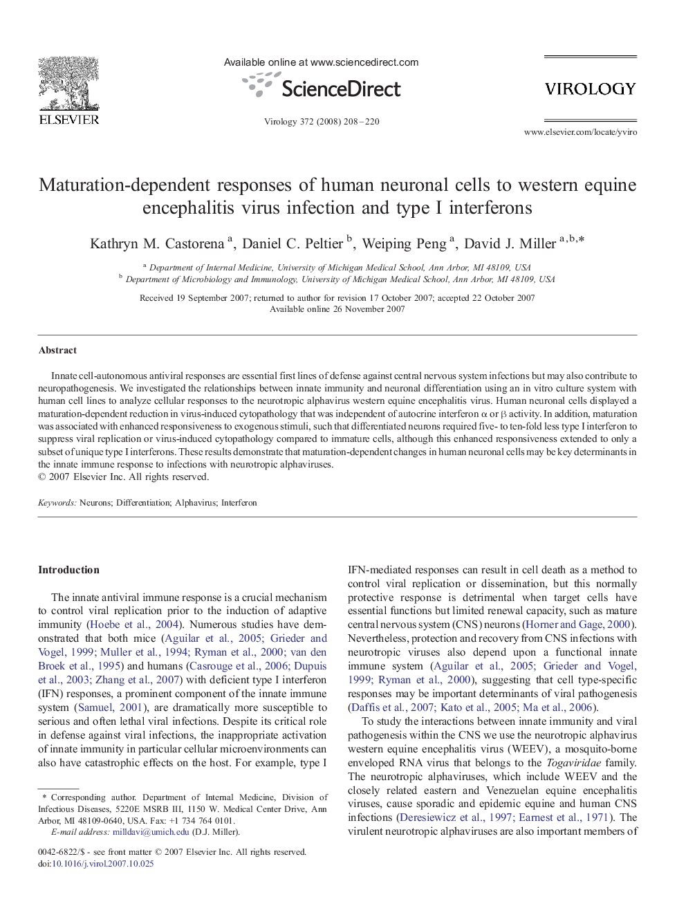 Maturation-dependent responses of human neuronal cells to western equine encephalitis virus infection and type I interferons