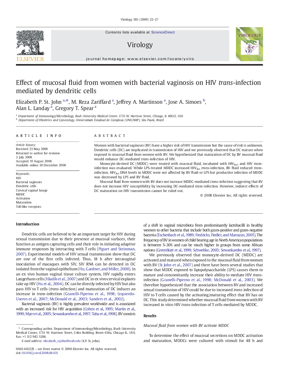 Effect of mucosal fluid from women with bacterial vaginosis on HIV trans-infection mediated by dendritic cells