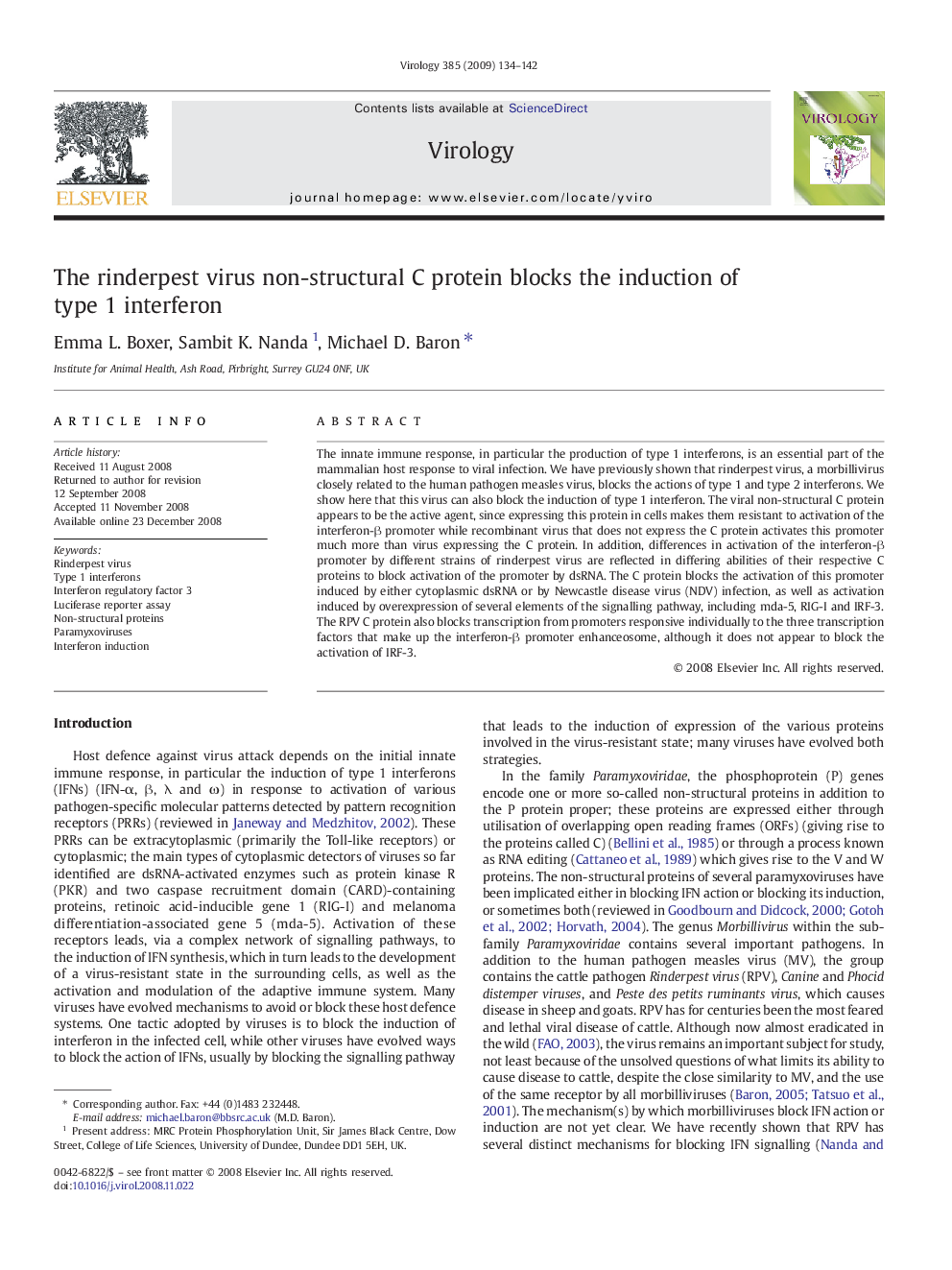 The rinderpest virus non-structural C protein blocks the induction of type 1 interferon