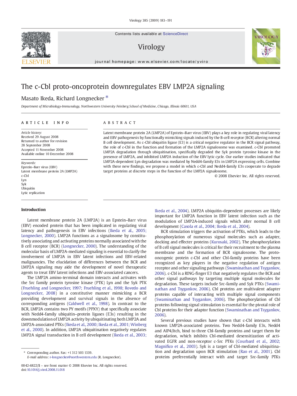 The c-Cbl proto-oncoprotein downregulates EBV LMP2A signaling