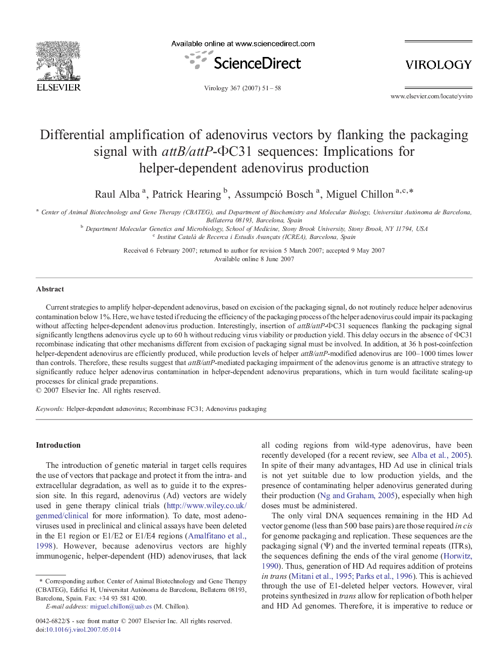 Differential amplification of adenovirus vectors by flanking the packaging signal with attB/attP-ΦC31 sequences: Implications for helper-dependent adenovirus production