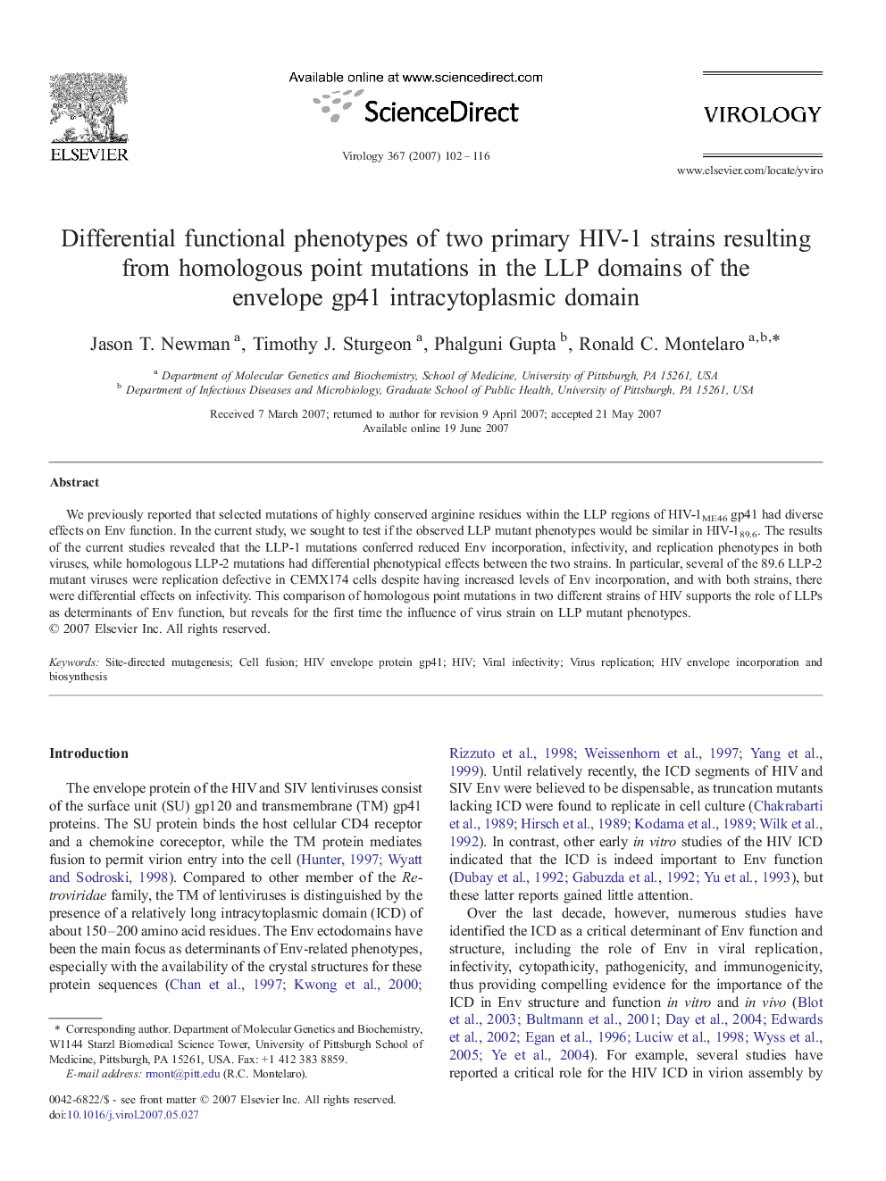 Differential functional phenotypes of two primary HIV-1 strains resulting from homologous point mutations in the LLP domains of the envelope gp41 intracytoplasmic domain