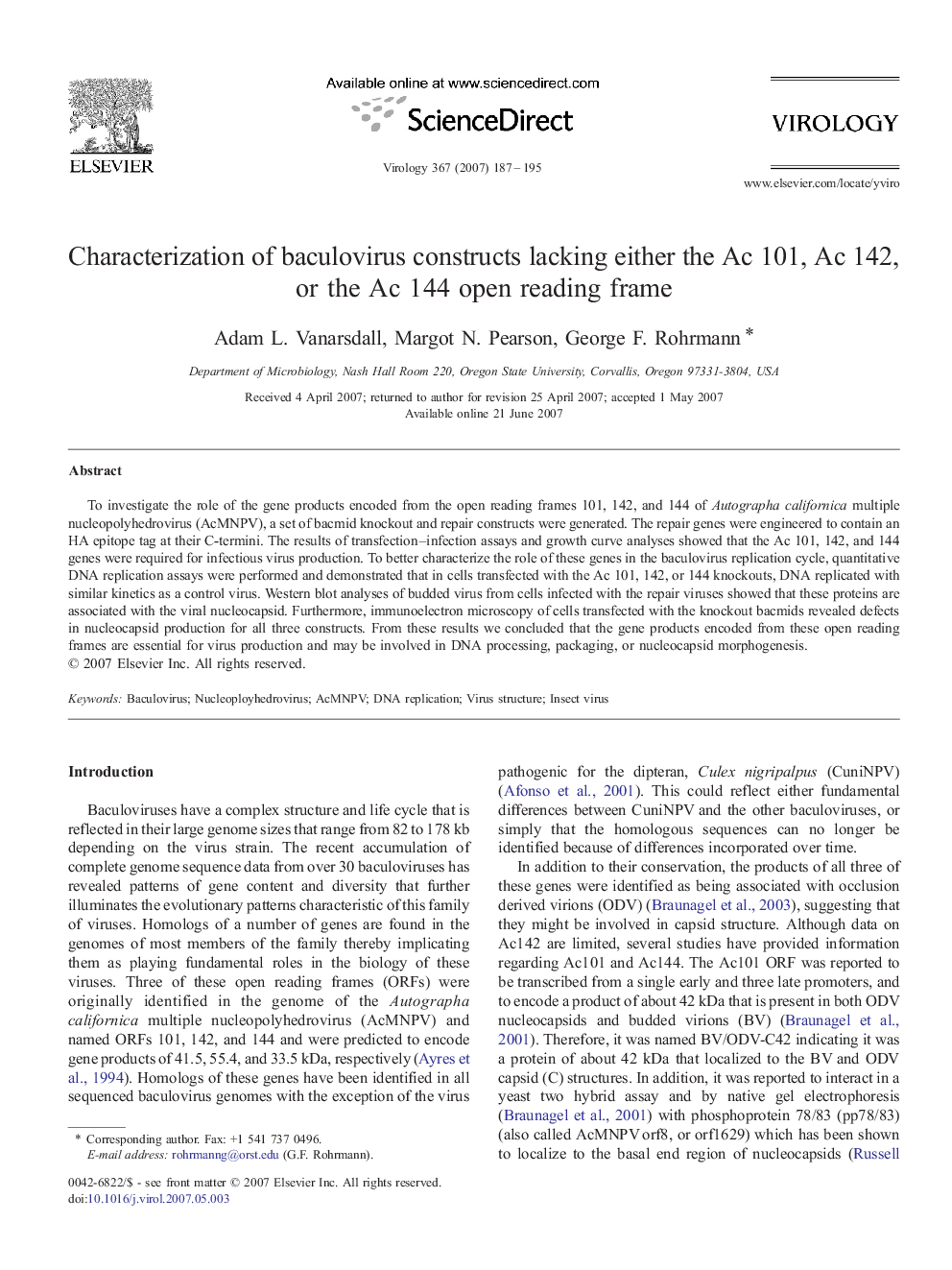 Characterization of baculovirus constructs lacking either the Ac 101, Ac 142, or the Ac 144 open reading frame