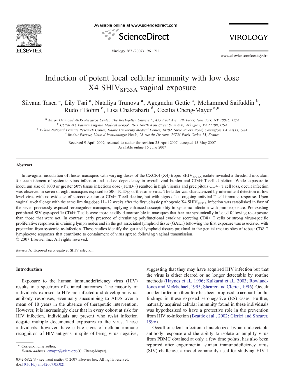 Induction of potent local cellular immunity with low dose X4 SHIVSF33A vaginal exposure