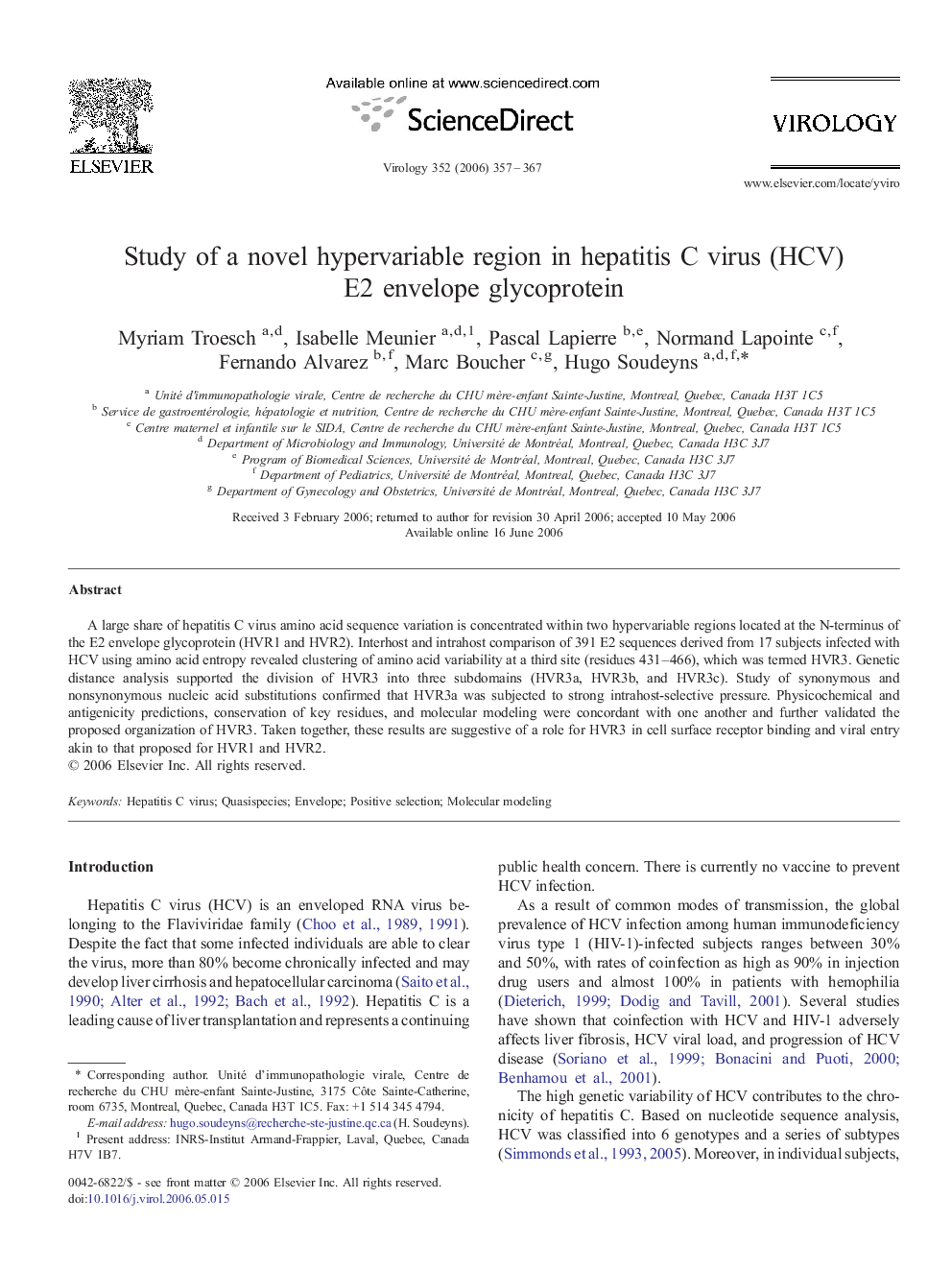 Study of a novel hypervariable region in hepatitis C virus (HCV) E2 envelope glycoprotein