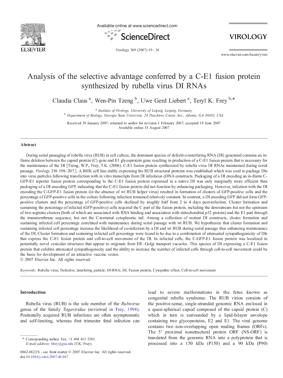 Analysis of the selective advantage conferred by a C-E1 fusion protein synthesized by rubella virus DI RNAs