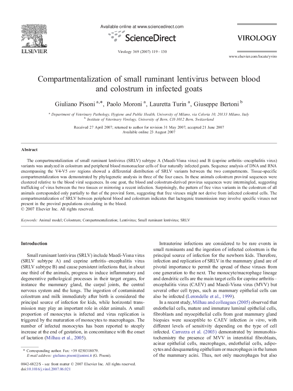 Compartmentalization of small ruminant lentivirus between blood and colostrum in infected goats