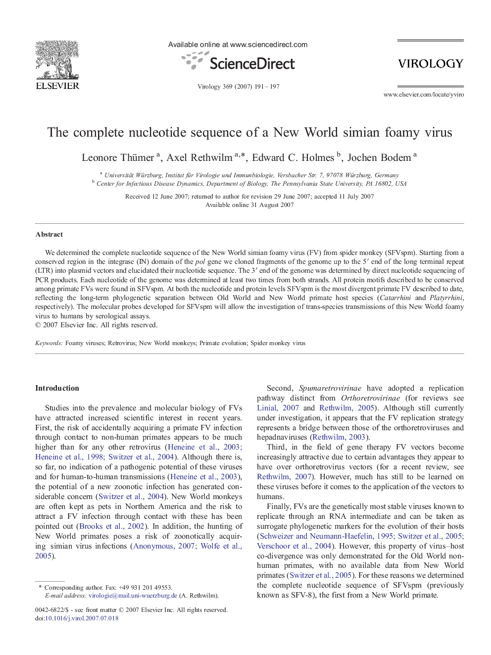 The complete nucleotide sequence of a New World simian foamy virus