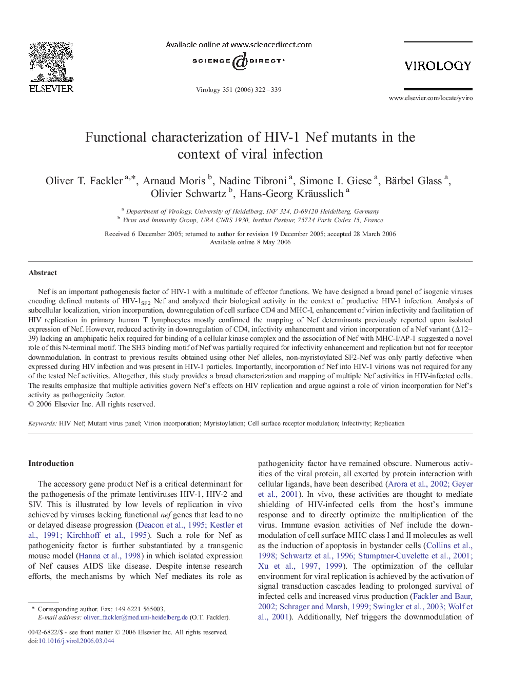 Functional characterization of HIV-1 Nef mutants in the context of viral infection