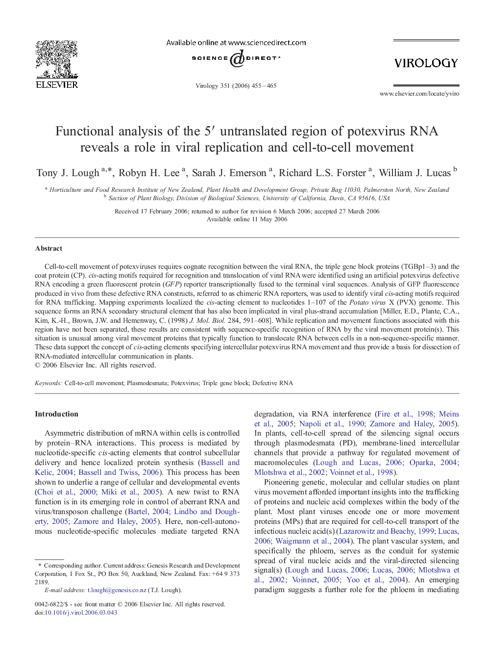 Functional analysis of the 5′ untranslated region of potexvirus RNA reveals a role in viral replication and cell-to-cell movement