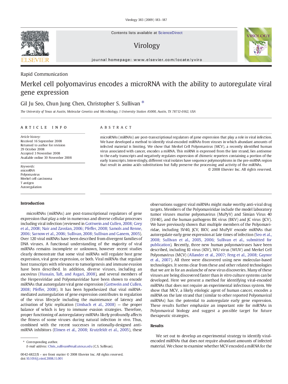 Merkel cell polyomavirus encodes a microRNA with the ability to autoregulate viral gene expression