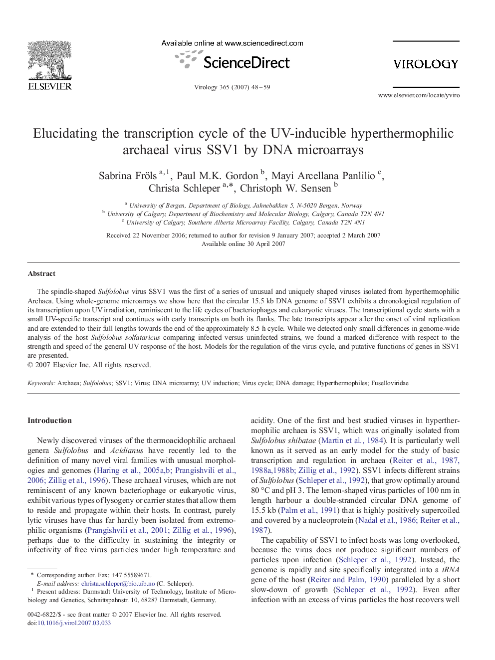 Elucidating the transcription cycle of the UV-inducible hyperthermophilic archaeal virus SSV1 by DNA microarrays