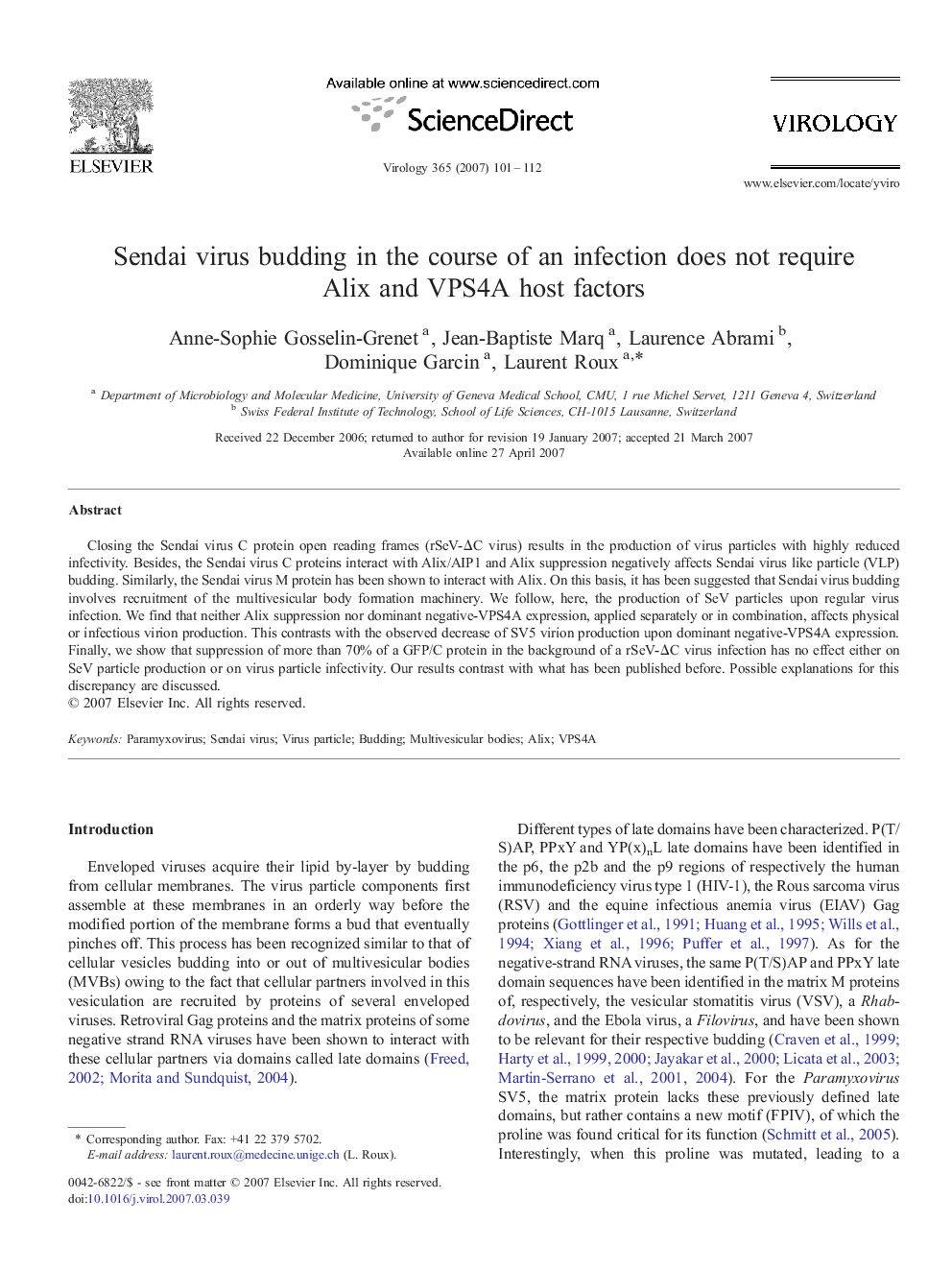 Sendai virus budding in the course of an infection does not require Alix and VPS4A host factors