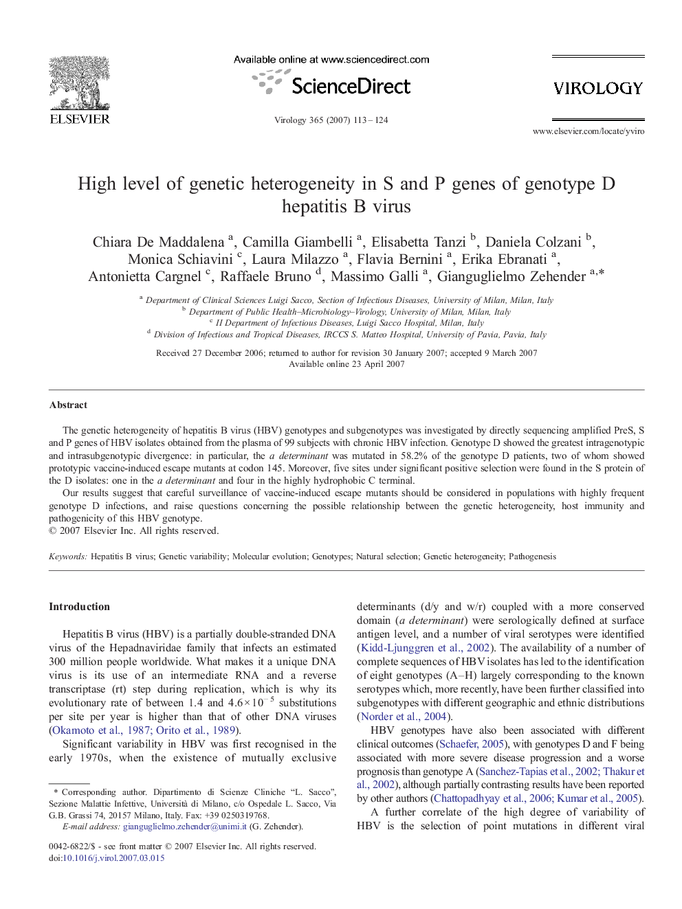 High level of genetic heterogeneity in S and P genes of genotype D hepatitis B virus