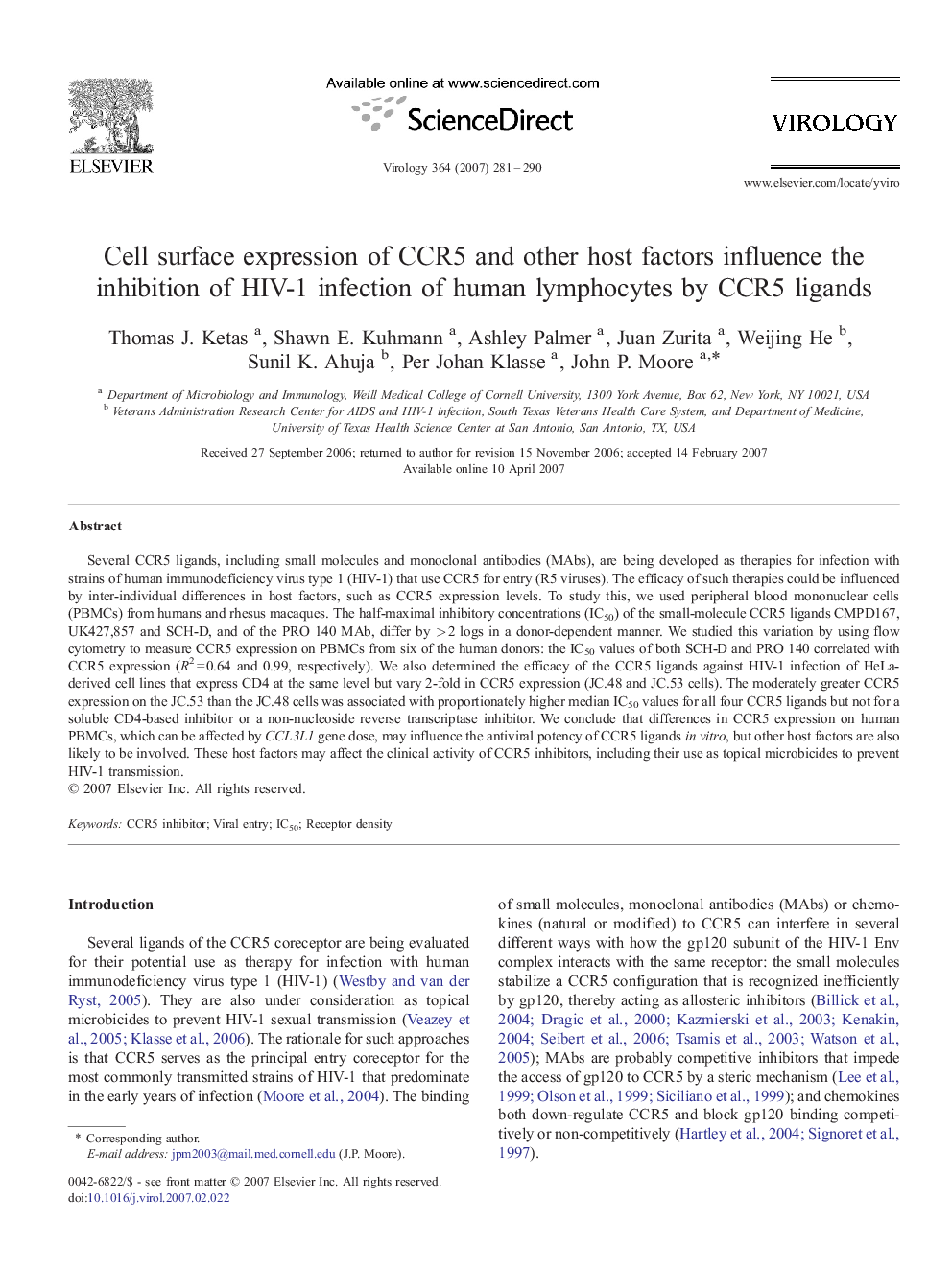 Cell surface expression of CCR5 and other host factors influence the inhibition of HIV-1 infection of human lymphocytes by CCR5 ligands