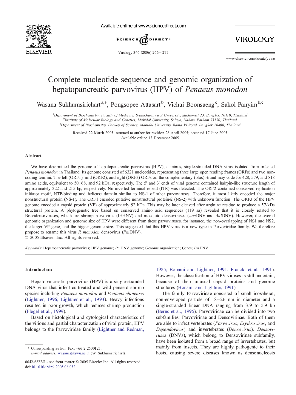 Complete nucleotide sequence and genomic organization of hepatopancreatic parvovirus (HPV) of Penaeus monodon