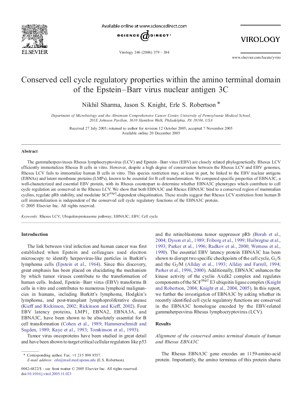 Conserved cell cycle regulatory properties within the amino terminal domain of the Epstein–Barr virus nuclear antigen 3C