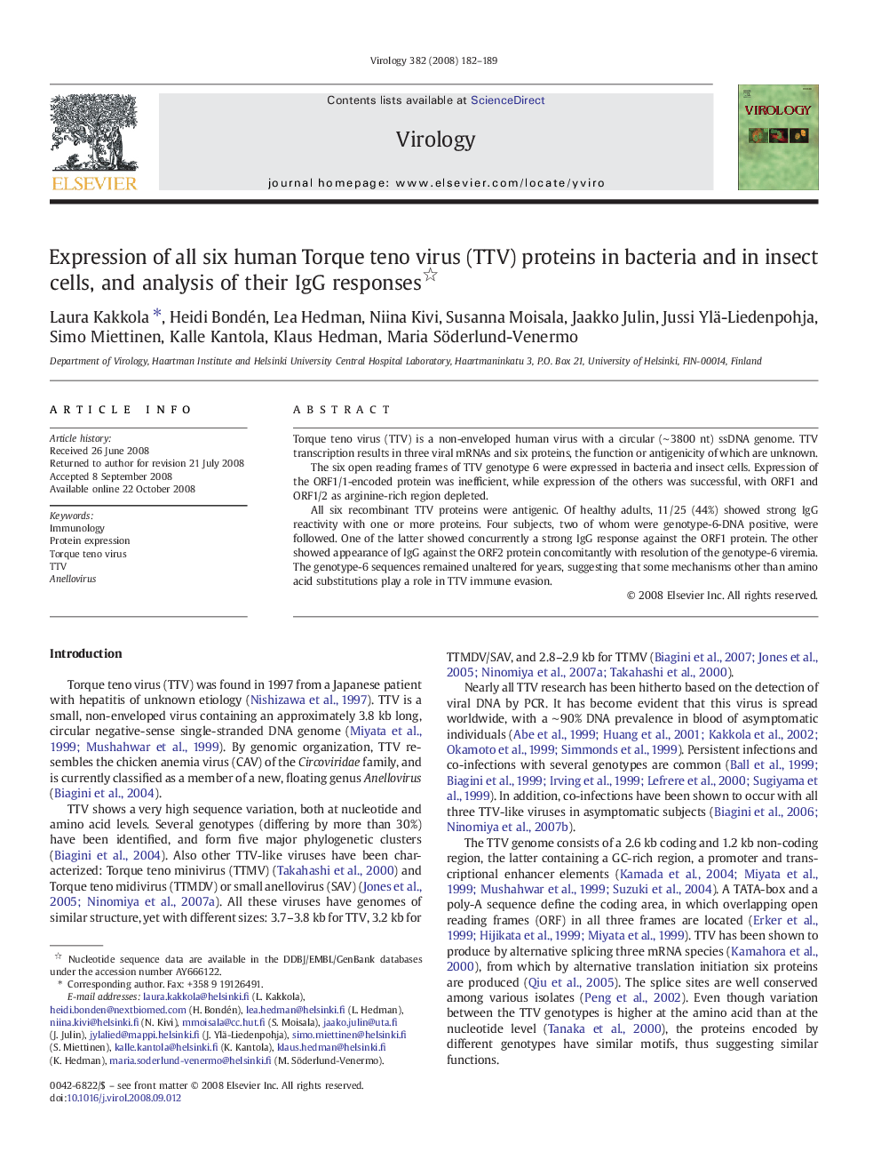 Expression of all six human Torque teno virus (TTV) proteins in bacteria and in insect cells, and analysis of their IgG responses 