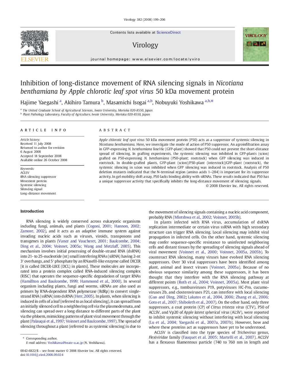 Inhibition of long-distance movement of RNA silencing signals in Nicotiana benthamiana by Apple chlorotic leaf spot virus 50 kDa movement protein