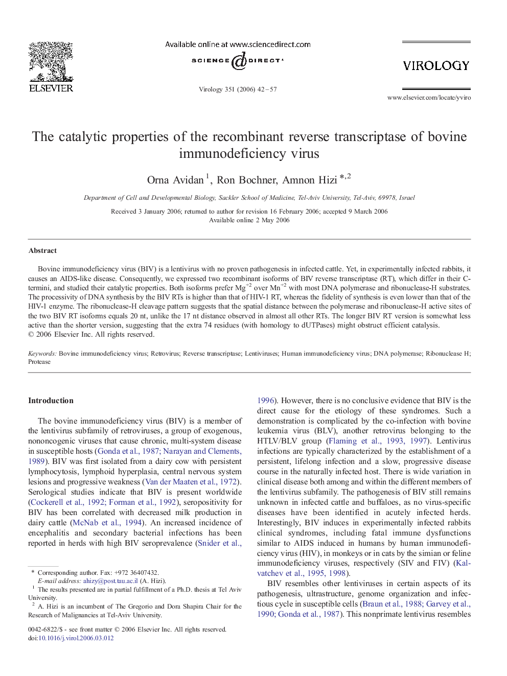 The catalytic properties of the recombinant reverse transcriptase of bovine immunodeficiency virus